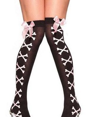 Dl black skull ultra-thin knee-high socks pink bow decoration