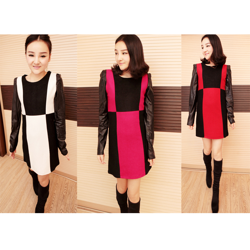 Doll 2013 spring one-piece dress woolen patchwork leather sleeves basic skirt q42-8139