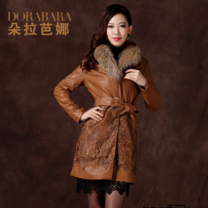 Dora 2013 spring overcoat women's fashion elegant slim medium-long raccoon fur leather overcoat