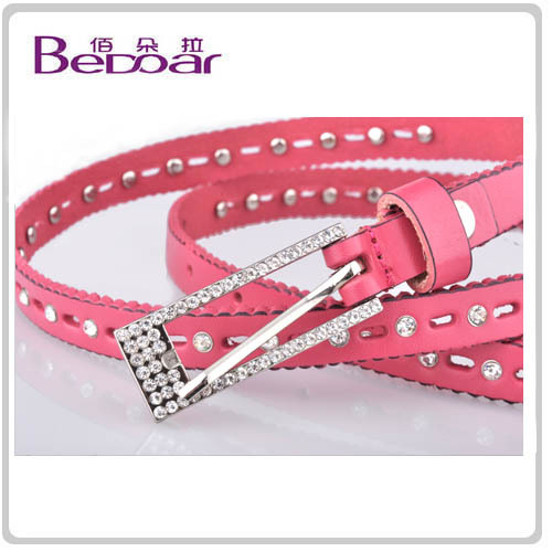 Dora the first layer of cowhide rhinestone strap cutout genuine leather small strap pink cowhide belt