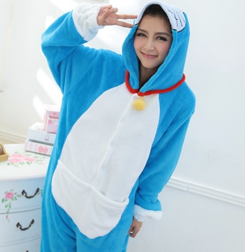 DORAEMON lovers sleepwear male female long-sleeve coral fleece set thickening plus size cotton lounge