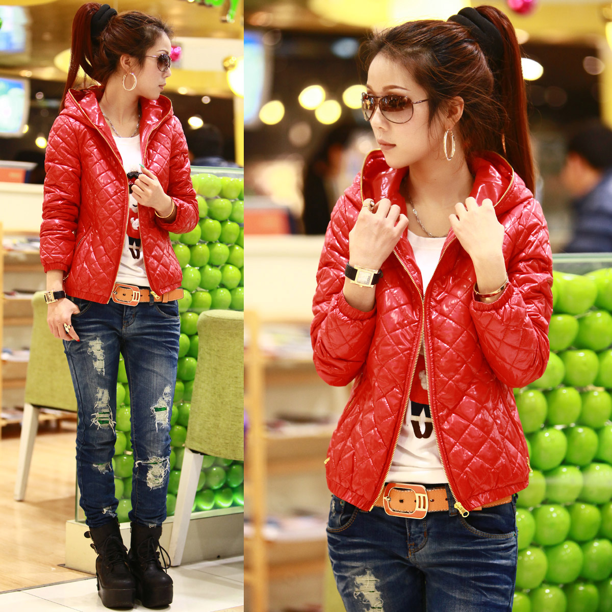 Doscount Women's thin wadded jacket 2012 PU water washed leather cotton-padded jacket red outerwear clothes