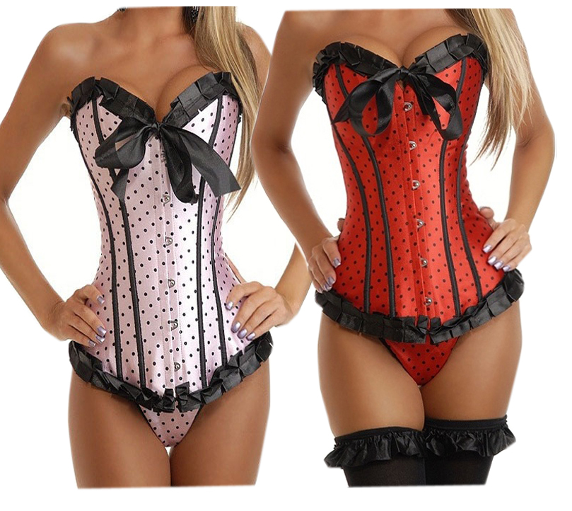 Dots Sexy Lace Up Boned Overbust Corset Bustier G-string Gothic Top S-2XL