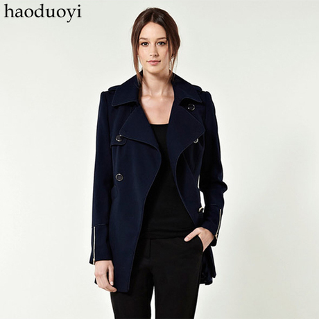 Double breasted epaulette cuff zipper decoration medium-long slim wool coat Size : XS~XXL