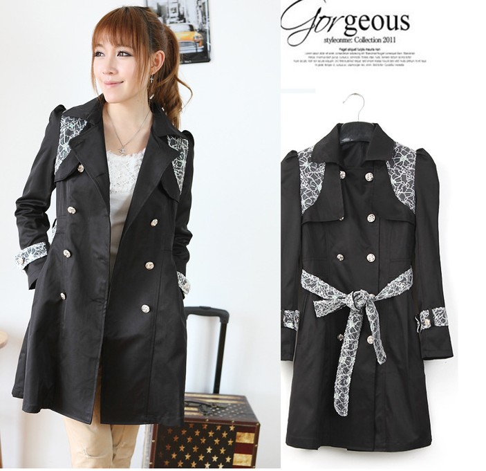 Double breasted full sleeve long fashion trench with waist belt which has lace on the should,ladies trend coat