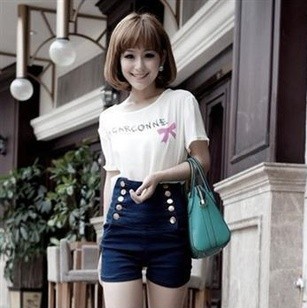 Double breasted high waist slim hip tight denim shorts 81303