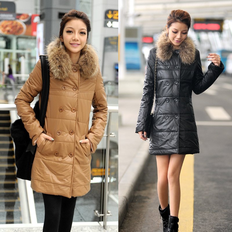 Double breasted long design cotton-padded leather clothing outerwear fur collar w0569