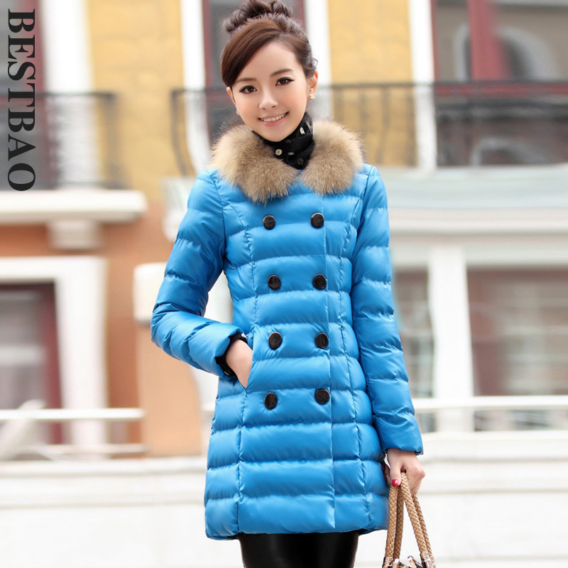 Double breasted long design plus cotton leather clothing thermal bestbao female raccoon fur