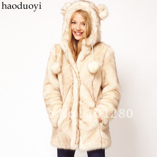 Double cap dribbled two-color wool beige long design fur coat long design fur overcoat 6 full