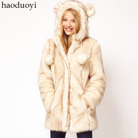 Double cap dribbled two-color wool beige long design fur coat long design fur overcoat Size : XS~XXL