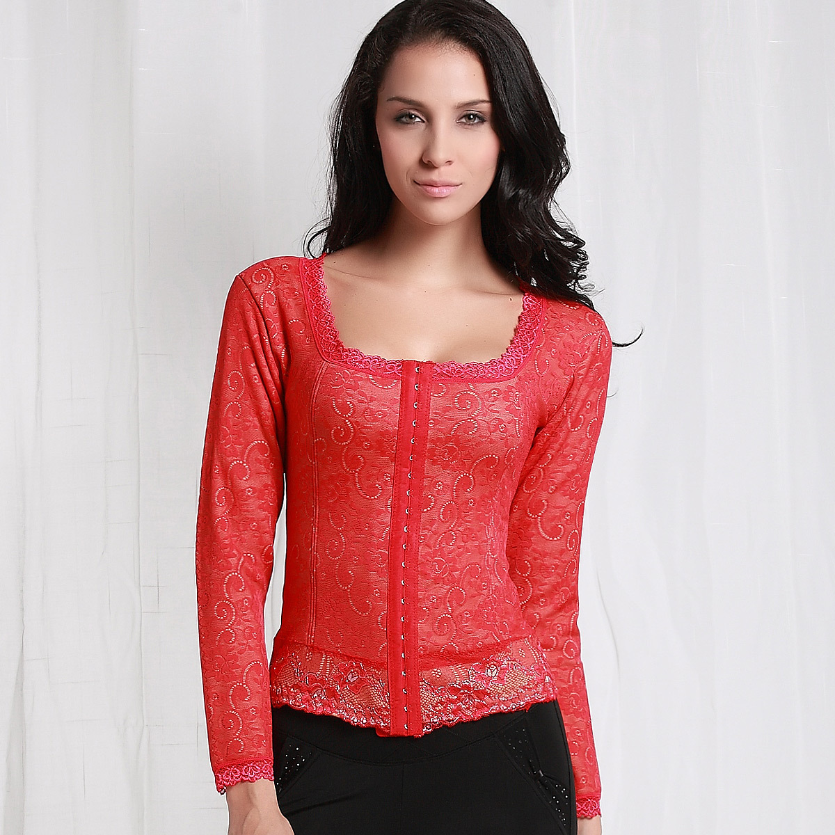 Double layer thickening plus velvet lace long-sleeve slim thermal vest thermal top sy52