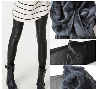 Double layer thickening super warm beaver plush faux leather legging ankle length trousers warm pants