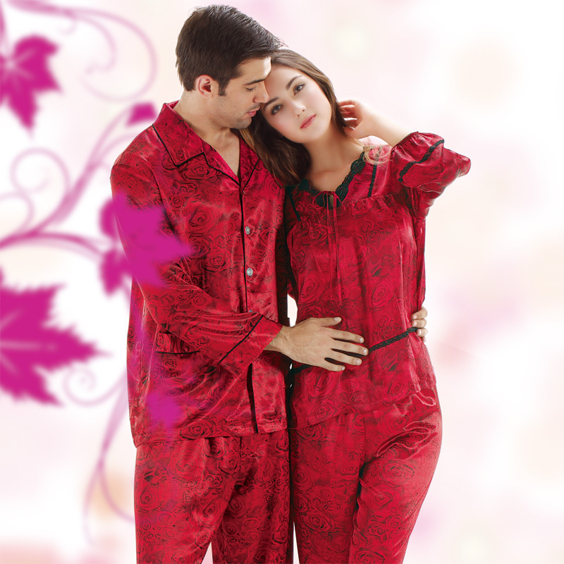 Double spring and autumn new arrival faux silk lovers long-sleeve sleepwear women's lounge pants twinset 11