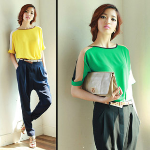 Double x 119155 women's casual personality color block half sleeve comfortable top 300g