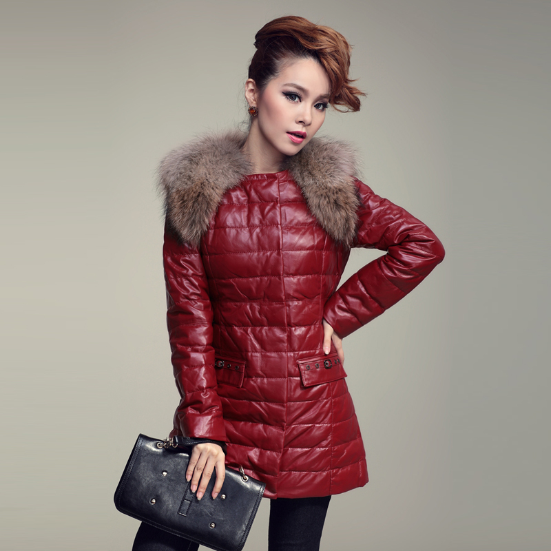 Down coat 2012 raccoon fur sheepskin genuine leather clothing female genuine leather down leather clothing medium-long