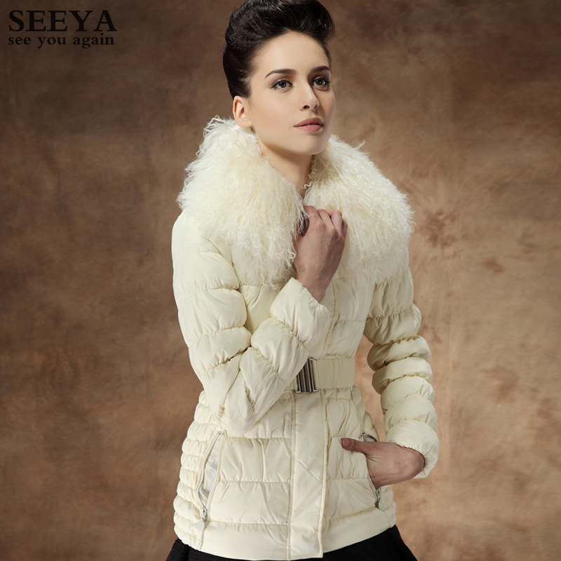 Down coat slim waist belt beach wool large fur collar short design down coat female