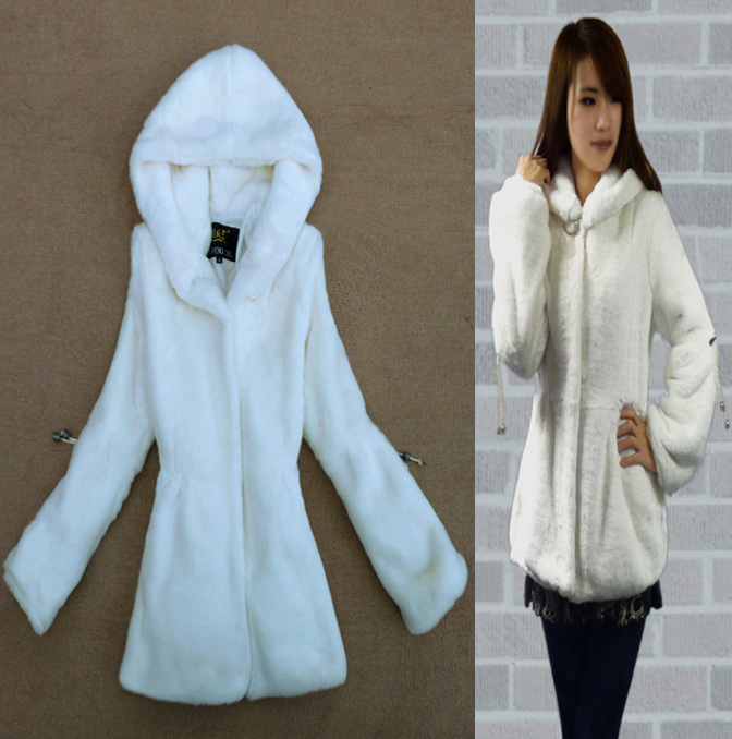 Drawstring hooded white fur pink princess slim rabbit fur outerwear