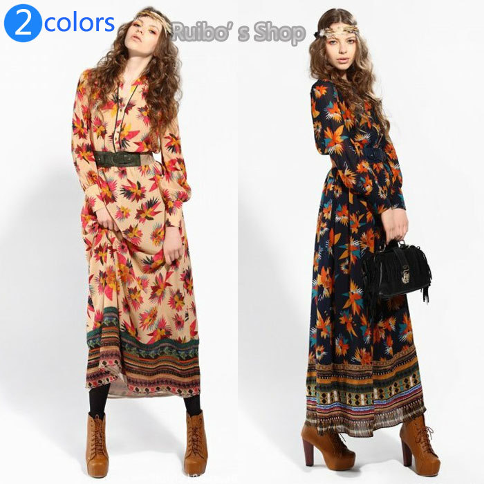 Dress 2013 New Arrival Long Dress Women Flower Bohemia Bobo Dress Long Sleeve Maxi Dress Women Plus Size Clothing Free Shipping