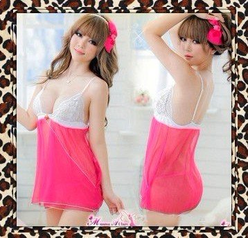 dress+G-string hot sexy spicy underwear lingerie teddy sleepwear nightgown pyjamas Robe 239#0501 white lace+rose red raton