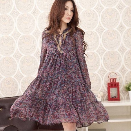 Dress New Fashion 2012 Autumn Women Korean Loose Long-Sleeve Chiffon Ruffles Print Knee-Length Dress Free Shipping