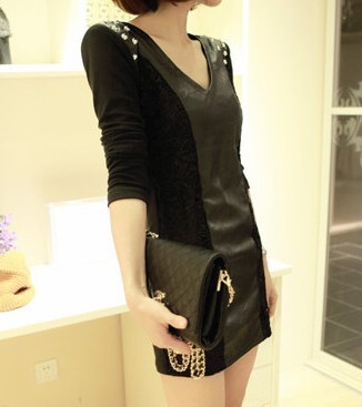 Dress octopussy fashion slim punk lace patchwork rivet long-sleeve leather one-piece dress