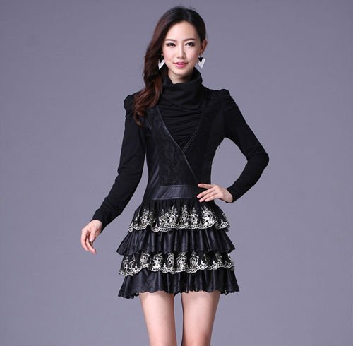 dresses new fashion 2012 genuine leather lace print slim casual sheath women dress high quality one-piece free shipping