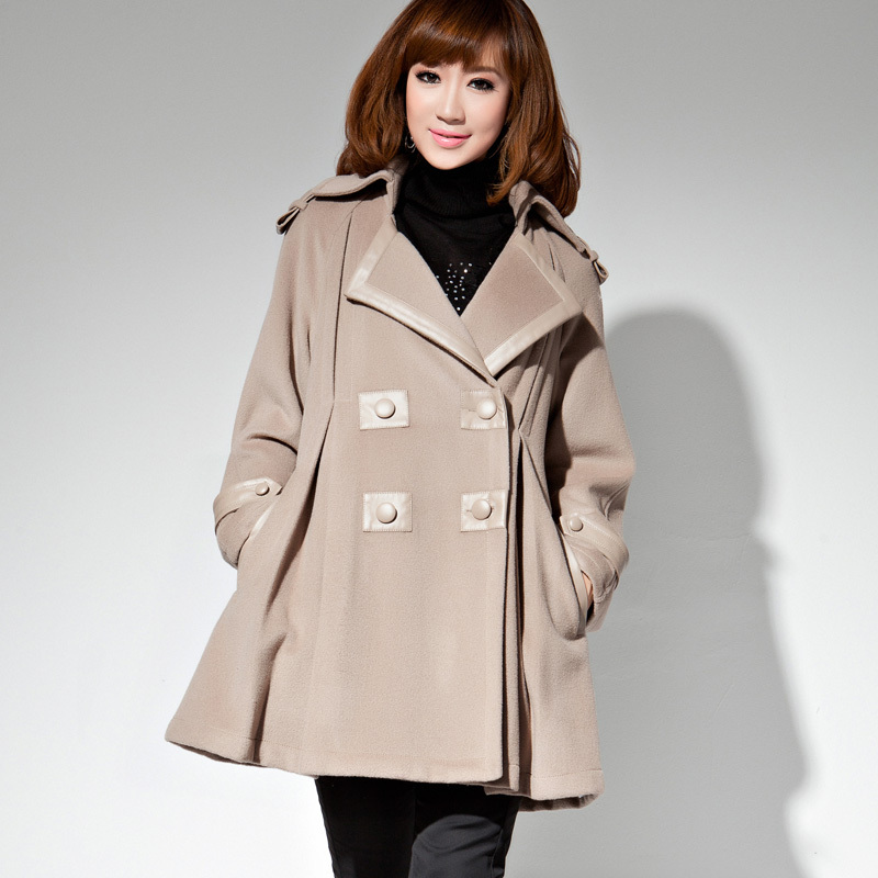 Drop/Free Shipping women's loose plus size leather cloak doll woolen outerwear medium-long outerwear