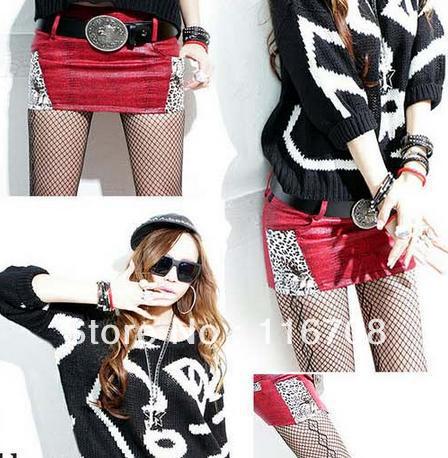 Drop shipping 2013 all-match leopard print patchwork snakeskin crack slim hip leather short skirt sly red black sk-201