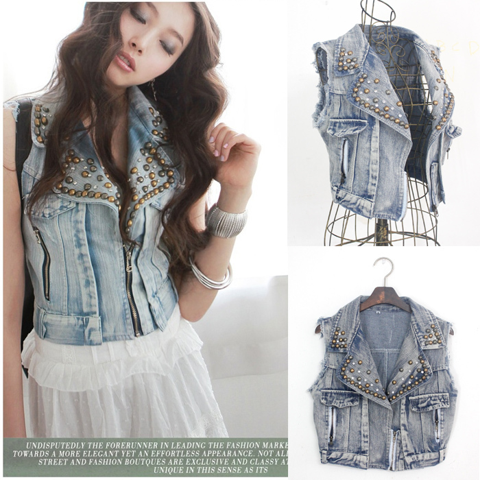 Drop shipping 2013  all-match zipper motorcycle paragraph vintage stereo rivet denim water wash vest -vt