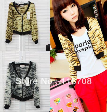 Drop shipping 2013 fashion leopard print jacket chiffon coat melopsittacus tiger small stand collar jacket wjk-137