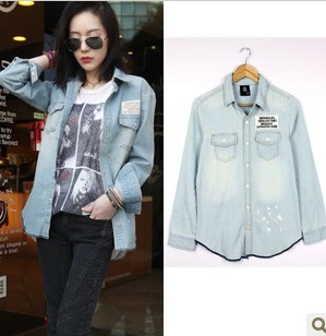 Drop shipping 2013  fashion street paragraph badge turn-down collar long-sleeve medium-long loose denim shirt female -tx