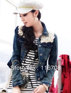 Drop shipping 2013 fashion women's water wash fashion rose lace flower hole denim short jacket wjk-118