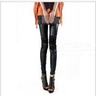 Drop shipping 2013  irregular cutout patchwork legging yarn leather slim elastic pants faux leather legging -pt