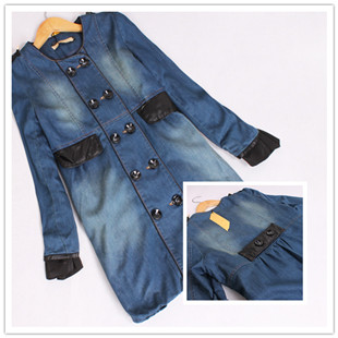 Drop shipping 2013 Leather mosaic double breasted slim waist slim denim outerwear medium-long -wjk