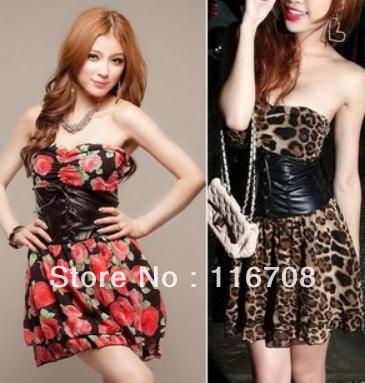 drop shipping 2013 punk sweet print chiffon leather strap cummerbund tube top dress tube top dress sk-197