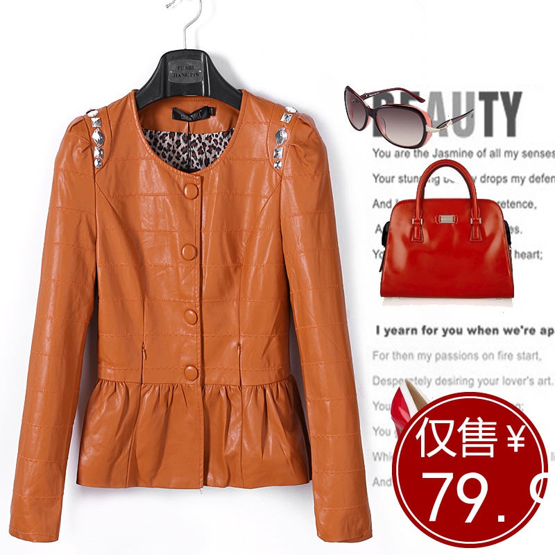 Drop shipping 2013  slim long-sleeve diamond outerwear PU leather jacket women leather clothing female 80120 -jk