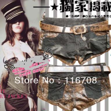 Drop shipping 2013 spring and summer female coffee doodle leather patchwork slim denim shorts boot cut jeans sly st-070