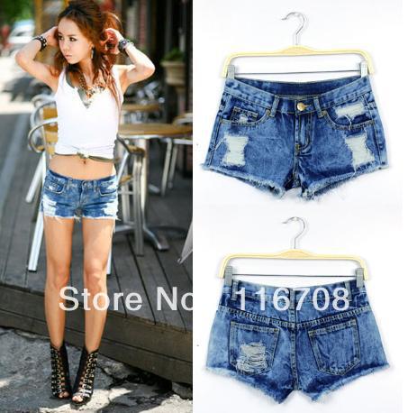 Drop shipping 2013 spring and summer new arrival women's 035 hole slim hip slim tie-dyeing blue denim shorts st-059