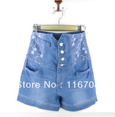 Drop shipping 2013 spring and summer new arrival women's single breasted lace water wash high waist denim shorts ST-076