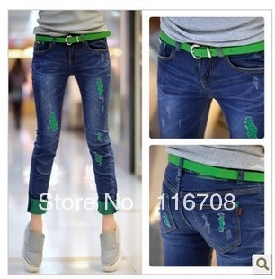 Drop shipping 2013 Spring  hole patchwork roll-up hem candy color skinny pants denim trousers female pt009