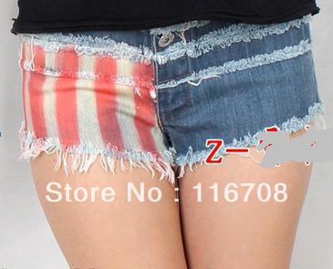 Drop shipping 2013 spring summer super shorts sexy low-waist shorts national flag jeans moben st-123