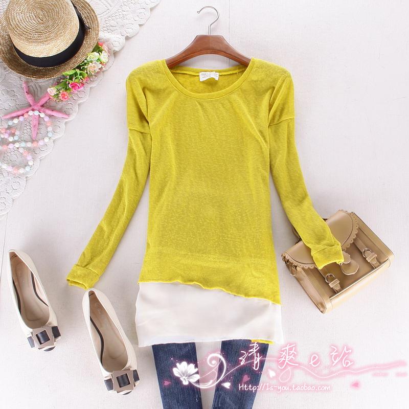 drop shipping 2013 spring women's long-sleeve o-neck faux two piece set pullover loose solid color basic sweater