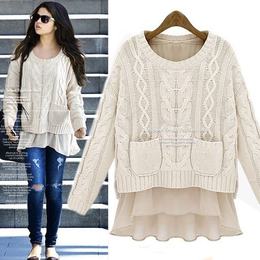 drop shipping 2013 spring women's plus size o-neck faux two piece set loose pullover long-sleeve sweater