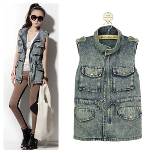 Drop shipping 2013  summer women's clothes fashion water wash vintage denim long design vest vest