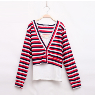 Drop shipping 2013 V-neck stripe long-sleeve cardigan short jacket d684 -jk