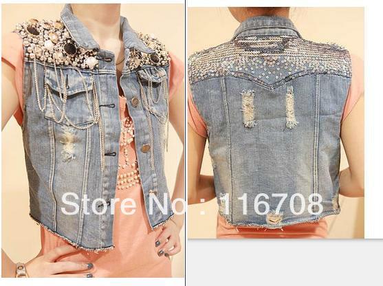 Drop shipping 2013 women's punk fashion metal rivet denim vest coat waistcoat outerwear vt-043