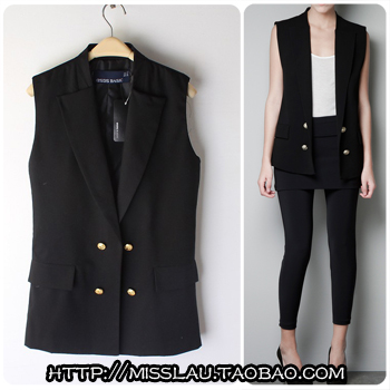 drop shipping 2013 women's spring double breasted suit black turn-down collar slim waist vest women's paragraph vest