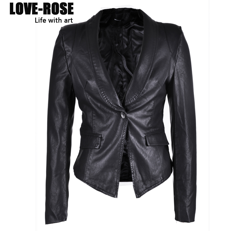 drop shipping 2013 women's top black long-sleeve slim one button PU clothing blazer short jacket