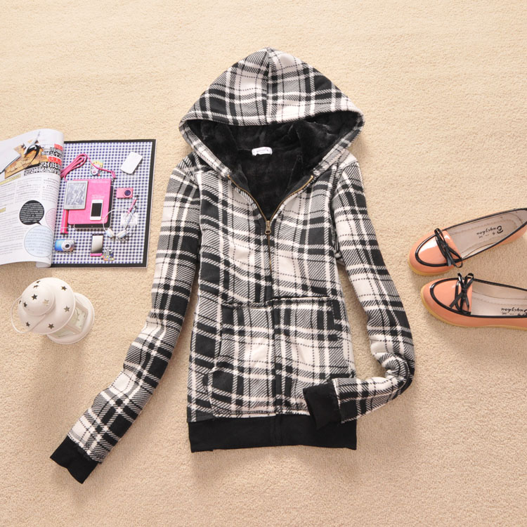 Drop shipping 2013 Women sweatshirt women's with a hood plaid thermal sweatshirt slim outerwear -wsw