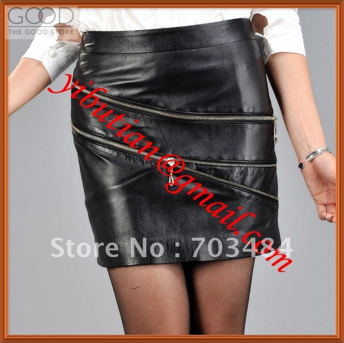 Drop Shipping  A-Line Slim Black  Ladies Leather Skirt  100% Sheep Leather Very Soft